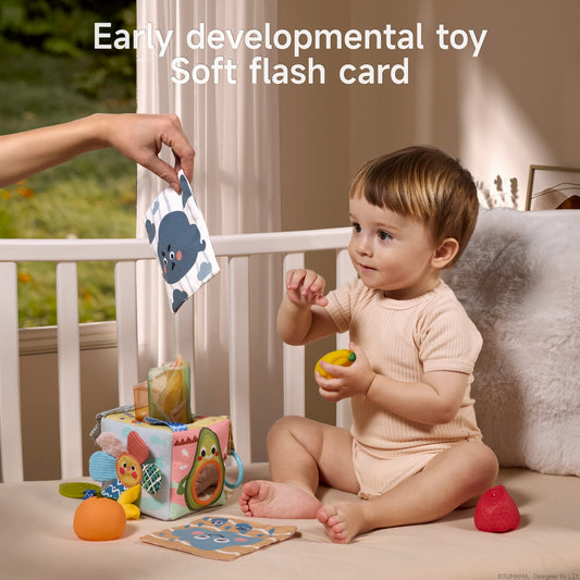 Baby sitting in a crib playing with a Montessori tissue box toy, soft fruit squeeze toys, and colorful animal-themed flash cards, designed as an early developmental toy for sensory and cognitive skills.