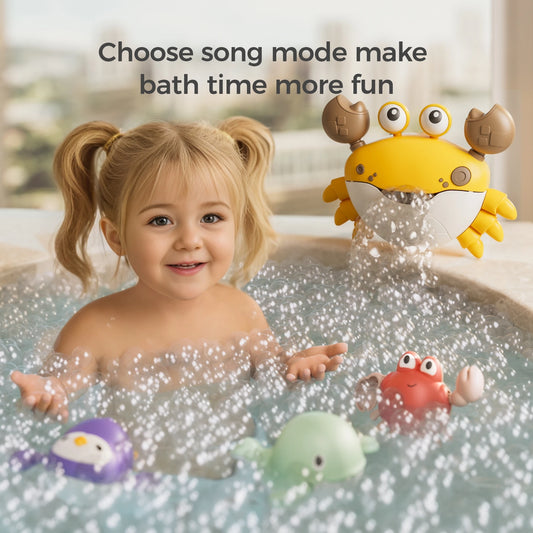 A smiling toddler with blonde pigtails enjoys a bubbly bath with floating toys—a purple penguin, green whale, and red crab. A yellow crab-shaped bubble machine is mounted on the tub wall, releasing streams of bubbles. The text “Choose song mode make bath time more fun” is displayed at the top, highlighting the toy’s interactive music feature.