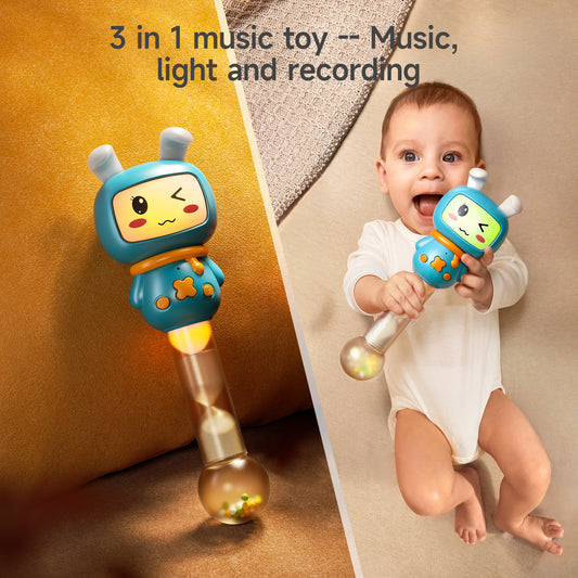 3-in-1 music and light rattle with cute cartoon design, featuring music, lights, and recording functions. Shown both alone and in use by a happy baby.