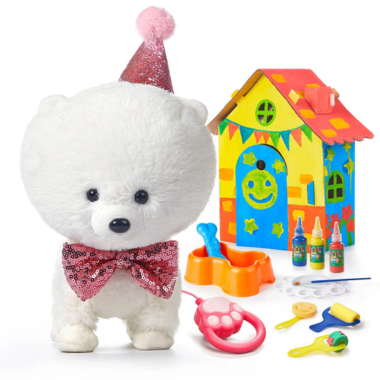 Realistic interactive toy dog with fluffy white fur, wearing a pink glittery bow tie and party hat. Includes a colorful DIY doghouse, feeding bowl with bone, paint bottles, paint palette, leash controller, and painting tools. The toy dog can walk and bark with the leash.