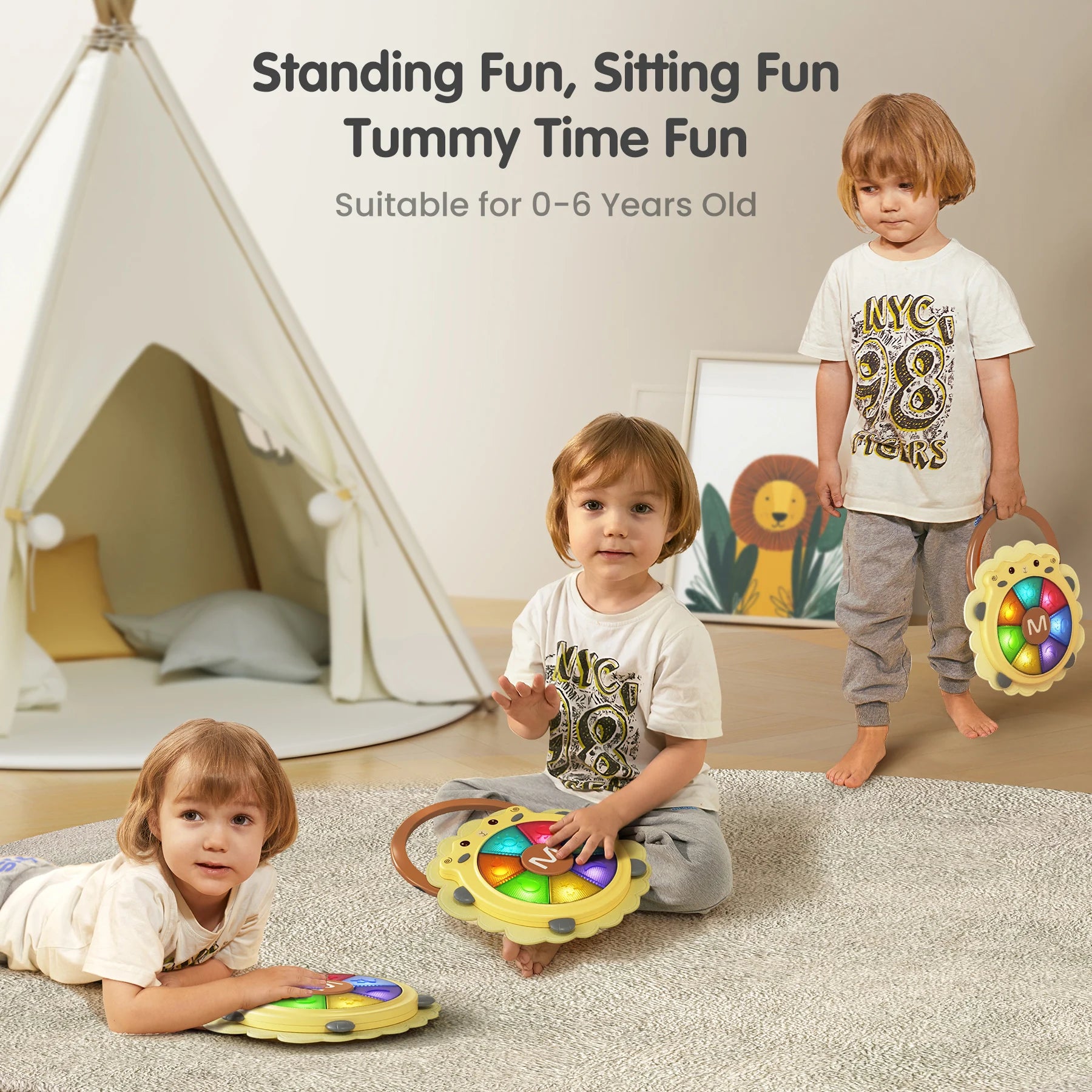 Children playing with a sheep-shaped baby musical drum toy in different positions—lying down during tummy time, sitting, and standing while carrying it. The toy lights up with colorful buttons and provides interactive music play, suitable for children aged 0–6 years.