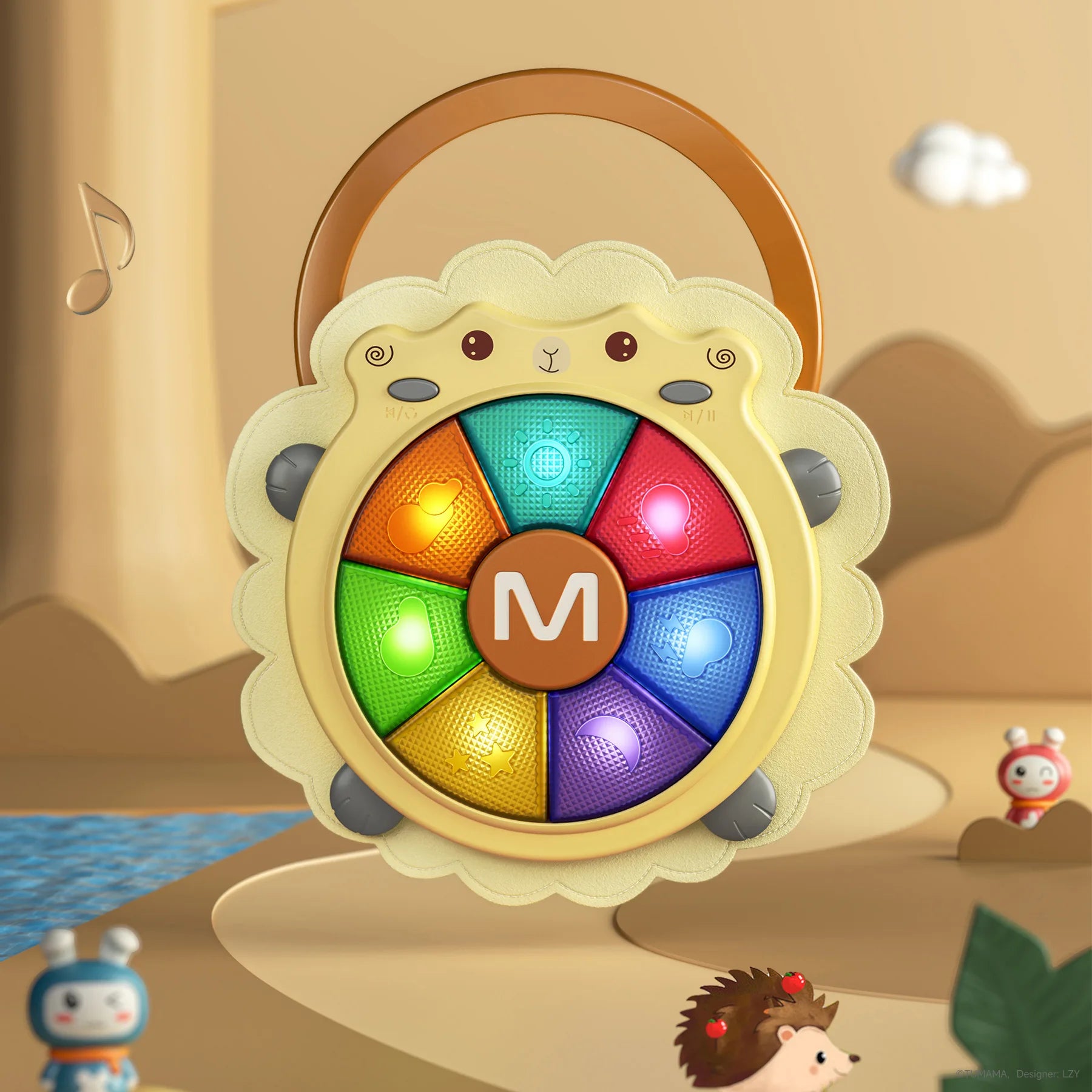 Sheep-shaped baby musical drum toy with colorful light-up buttons displayed in a playful cartoon-style background with mountains, clouds, water, and animal characters. The toy features a portable handle and glowing music keys, designed for interactive fun and entertainment.