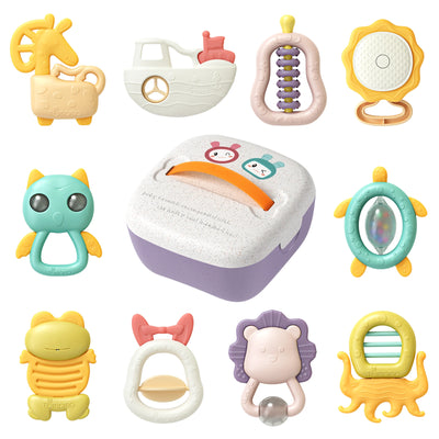 Baby rattle and teether toy set with 10 colorful, animal- and object-themed toys arranged around a central storage box with a handle. Toys include designs such as a giraffe, boat, abacus, sun, owl, turtle, frog, lion, octopus, and more. Each toy is made from baby-safe materials and designed for grasping, shaking, and teething.