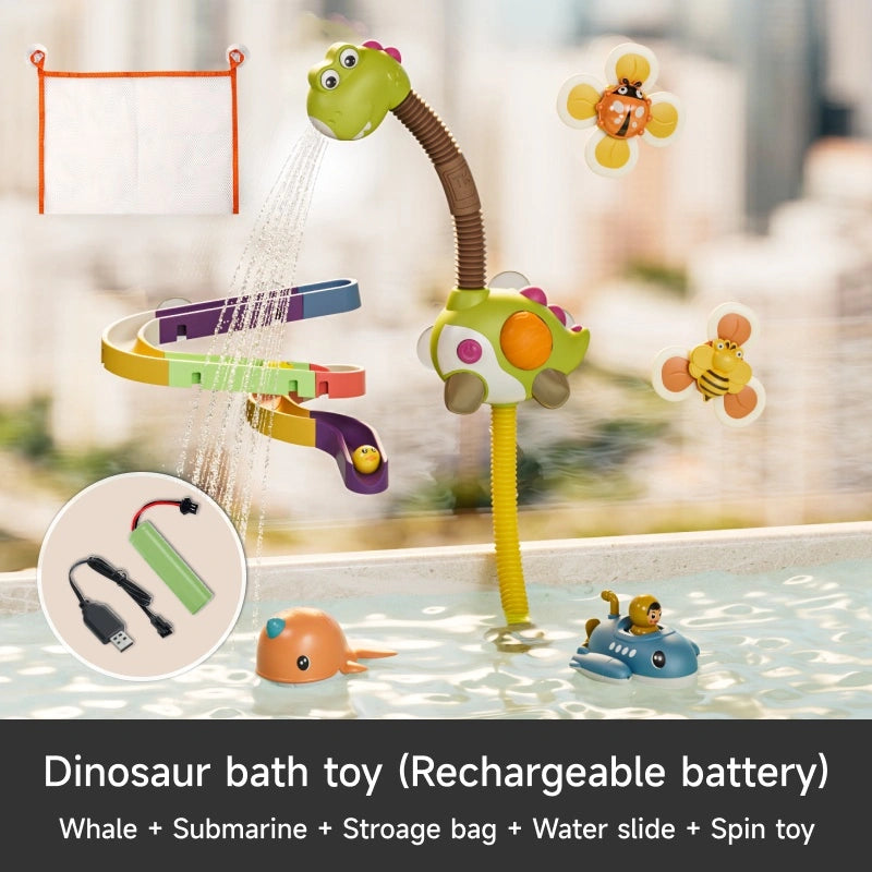 Dinosaur bath toy set with rechargeable battery, featuring a dinosaur shower head, colorful water slide, spinning suction cup toys, whale, submarine, and mesh storage bag. Includes USB rechargeable battery pack. Fun interactive bath toy set for kids with multiple accessories.
