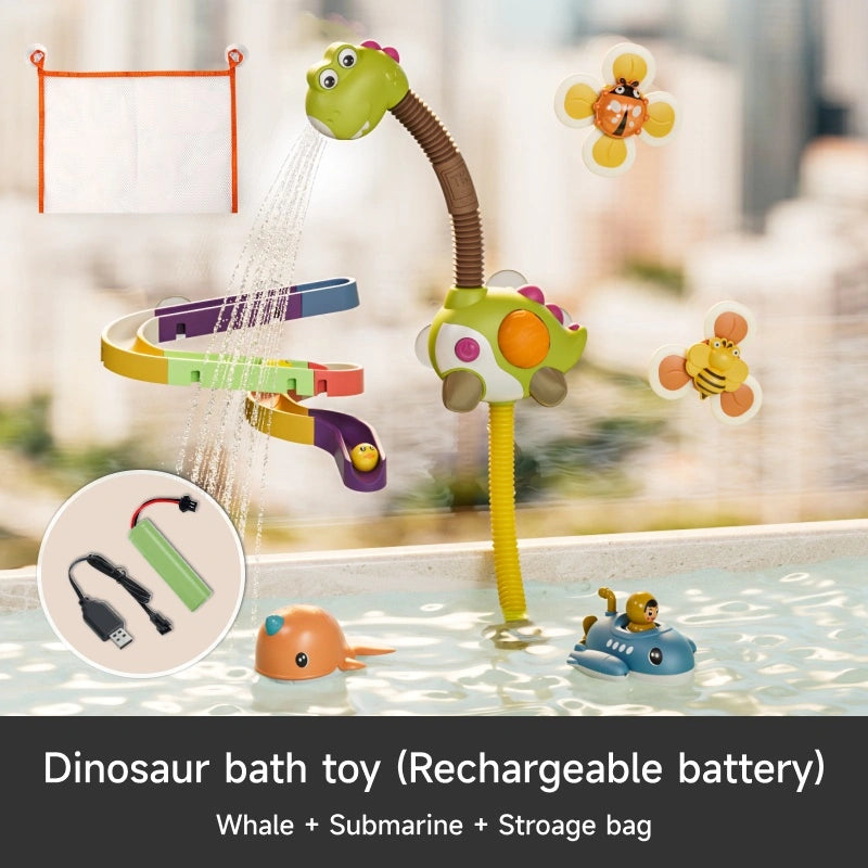 Dinosaur bath toy set with rechargeable battery, featuring a dinosaur shower head, colorful spiral track, suction cup spinning toys, whale and submarine bath toys, and a mesh storage bag. Includes USB rechargeable battery pack. Fun and interactive water play set for children.