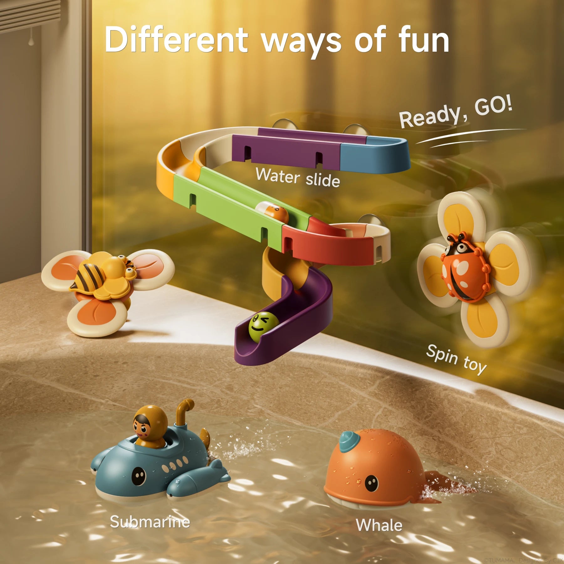 A variety of colorful bath toys are shown in action. A multicolored water slide is mounted on the tub wall, with spinning bee and ladybug toys attached nearby. Floating in the water below are a blue submarine toy and an orange whale toy. The text highlights "Different ways of fun," "Water slide," "Spin toy," "Ready, GO!," "Submarine," and "Whale."
