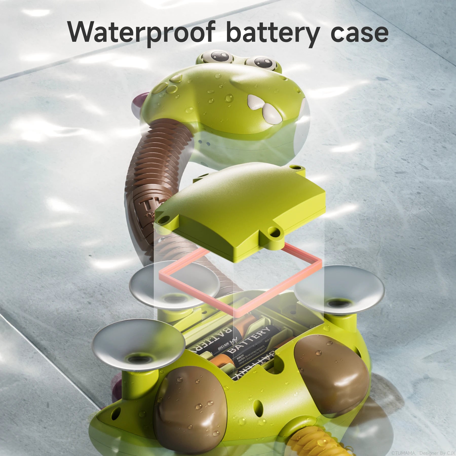 A close-up view of the dinosaur bath toy’s base reveals an exploded illustration showing its waterproof battery case, complete with a sealing gasket. Water droplets are visible on the toy, emphasizing its water-resistant design. The text reads, "Waterproof battery case."