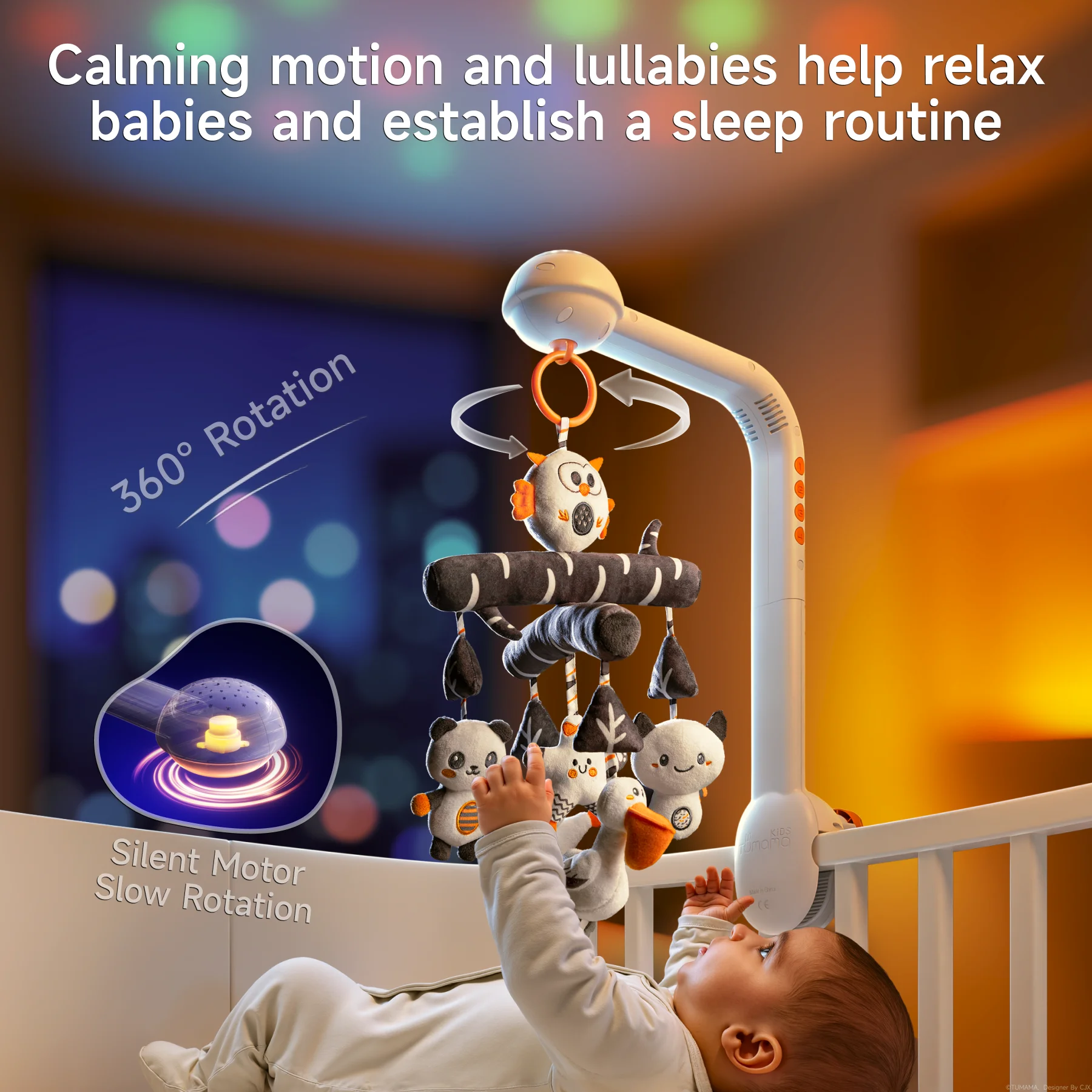 Baby lying in a softly lit white crib, reaching up to a clamp-on musical mobile with black-and-white plush woodland animals gently rotating overhead on a silent motor