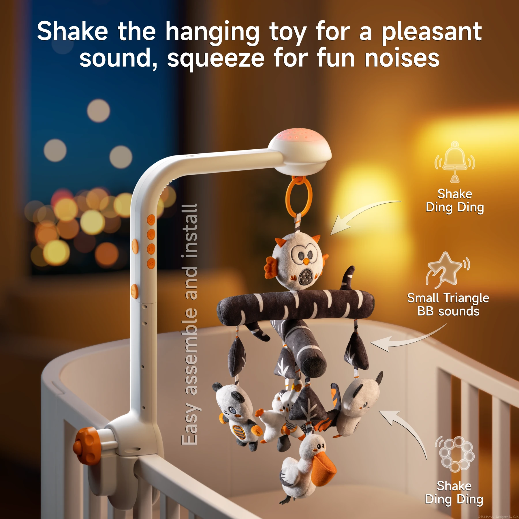 Close-up of a white clamp-on crib mobile with black-and-white plush woodland animals and trees, graphic arrows pointing to the hanging toys with icons labeled “Shake Ding Ding” and “Small Triangle BB sounds,” vertical text “Easy assemble and install,” and overlay text “Shake the hanging toy for a pleasant sound, squeeze for fun noises” against a warm nursery backdrop