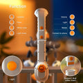 Close-up of the white clamp-on crib mobile arm and control panel in warm nursery lighting, annotated with orange button callouts: on the left numbered 1–4 for Lullabies, Piano, White Noise, Light Music; on the right icons for Volume, Light, Rotate, and Phone Connect; with inset circles highlighting the Light button and the dual-side mounting latch under the heading ‘Function.’