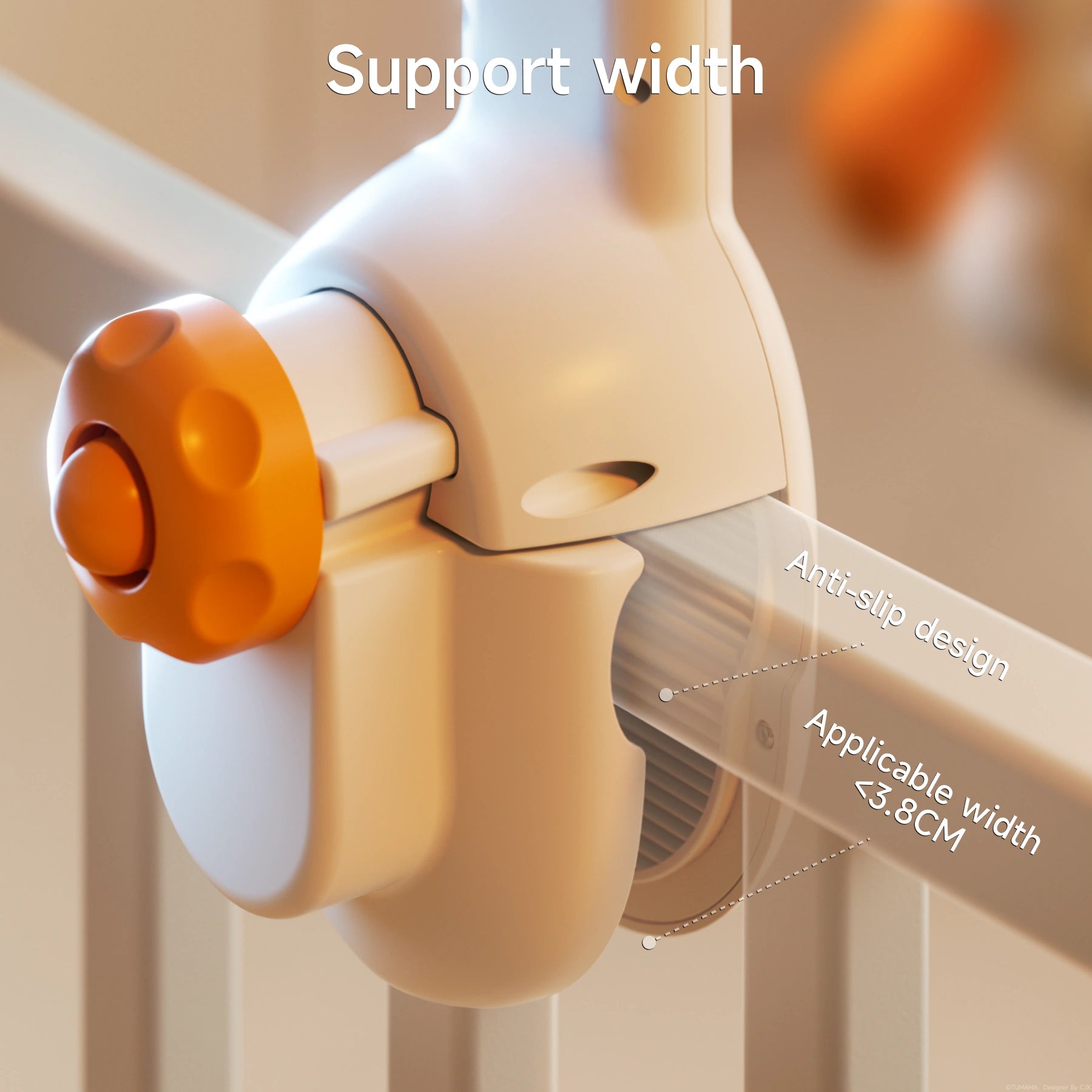 Close-up of the mobile’s white clamp gripping a crib rail, featuring an orange adjustment knob and visible ridged, anti-slip inner surface, annotated with dashed lines and labels ‘Anti-slip design’ and ‘Applicable width <3.8CM’ under the heading ‘Support width.’