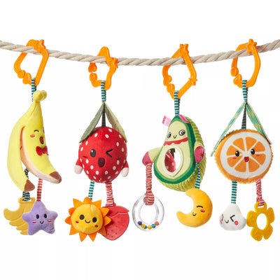 Set of colorful plush hanging baby rattles in fruit shapes, including banana, strawberry, avocado, and orange. Each toy features cute embroidered faces, soft textures, and dangling accessories like stars, suns, and moons. Equipped with orange clips for easy attachment to cribs, strollers, or car seats, designed for newborn sensory stimulation and play.