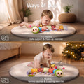 Two-panel image showing infant tummy time and crawling exercises with the colorful patchwork caterpillar toy: top panel a baby on their stomach lifting head to explore the rattling caterpillar (0–3 months, head-up exercise), bottom panel the baby crawling toward the bee-vibrating segment of the caterpillar (3–6 months, sound stimulation and crawling practice)