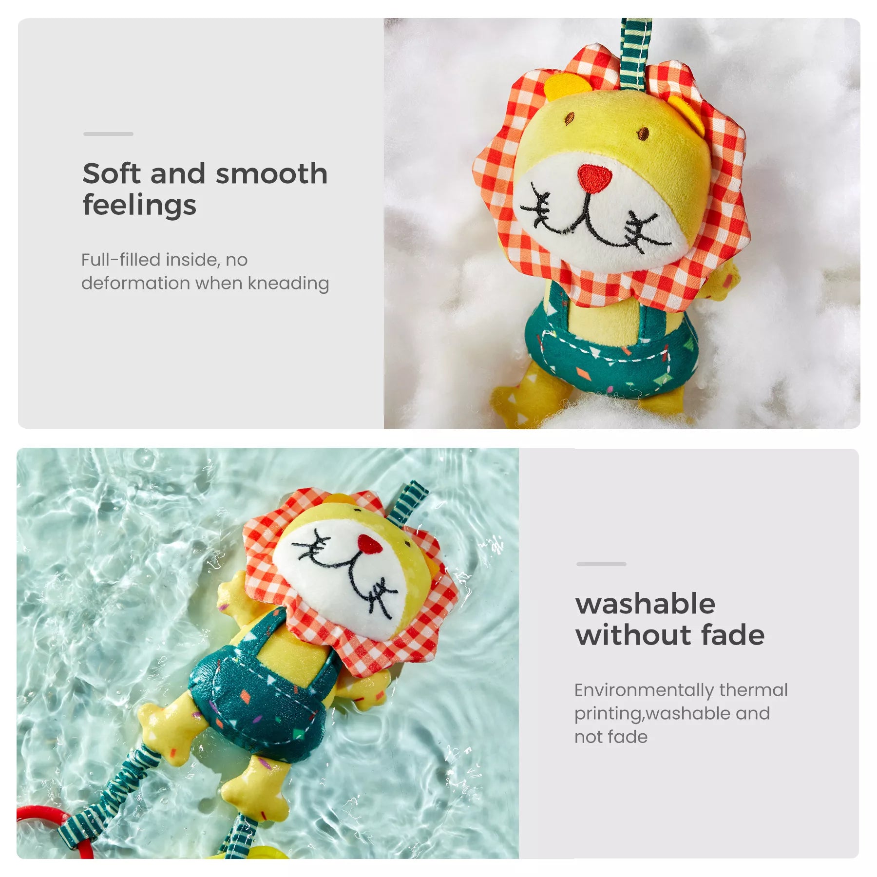 Yellow plush lion rattle with red‑and‑white gingham mane nestled in soft white stuffing; below it, the same lion toy floating in clear water to show it’s washable without fading.