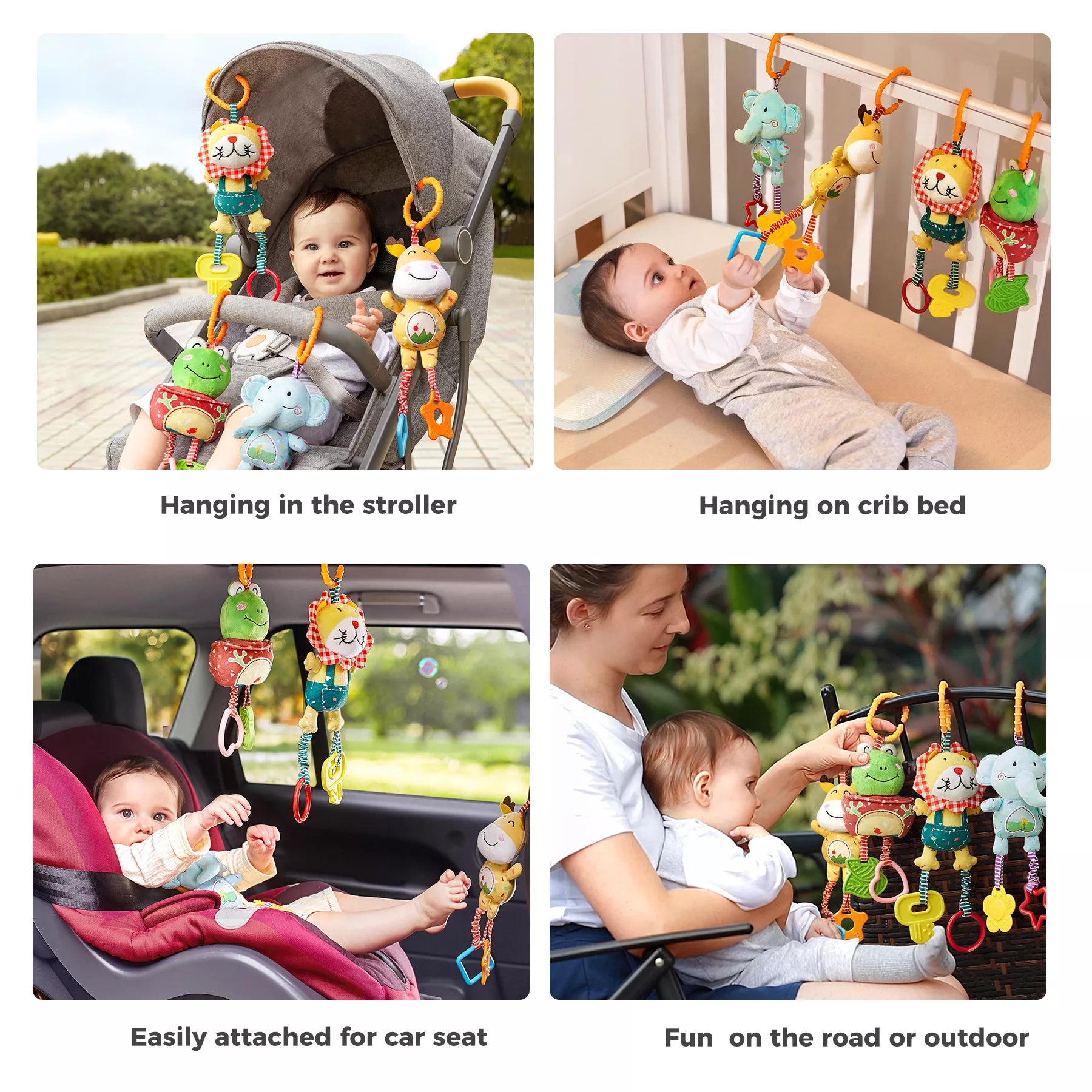 Four-panel collage showing a smiling baby with four hanging soft animal rattles: a lion, frog, elephant, and giraffe attached to a stroller canopy, crib rail, car seat headrest, and held outdoors to entertain on the go.