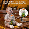 Happy baby sitting on a park bench holding an interactive plush hippo and turtle toy, with musical notes and instructions highlighting its duet singing and music-activated swaying feature.