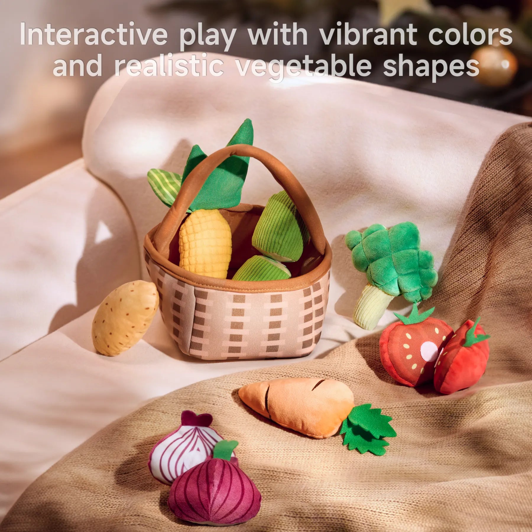 Soft vegetable toys (including corn on the cob, onions, strawberries and carrots) are neatly displayed in a portable woven basket!