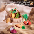 Soft vegetable toys (including corn on the cob, onions, strawberries and carrots) are neatly displayed in a portable woven basket!