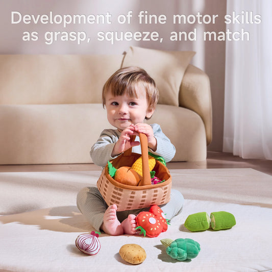 A toddler-friendly interactive vegetable toy set arranged neatly in a portable basket.