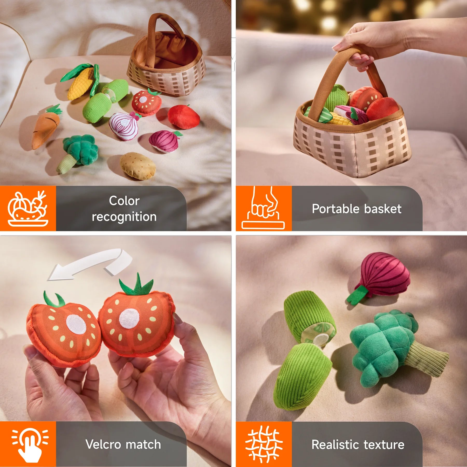 Collage showcasing a portable stuffed toy basket with vibrant, felted vegetables. One image features the basket filled with a red tomato, an orange carrot, a white onion, and green broccoli; other images demonstrate the basket in use, a color recognition feature that selects matching vegetables, a Velcro strip that aligns with the vegetable colors, and the detailed, realistic texture of each felted piece.