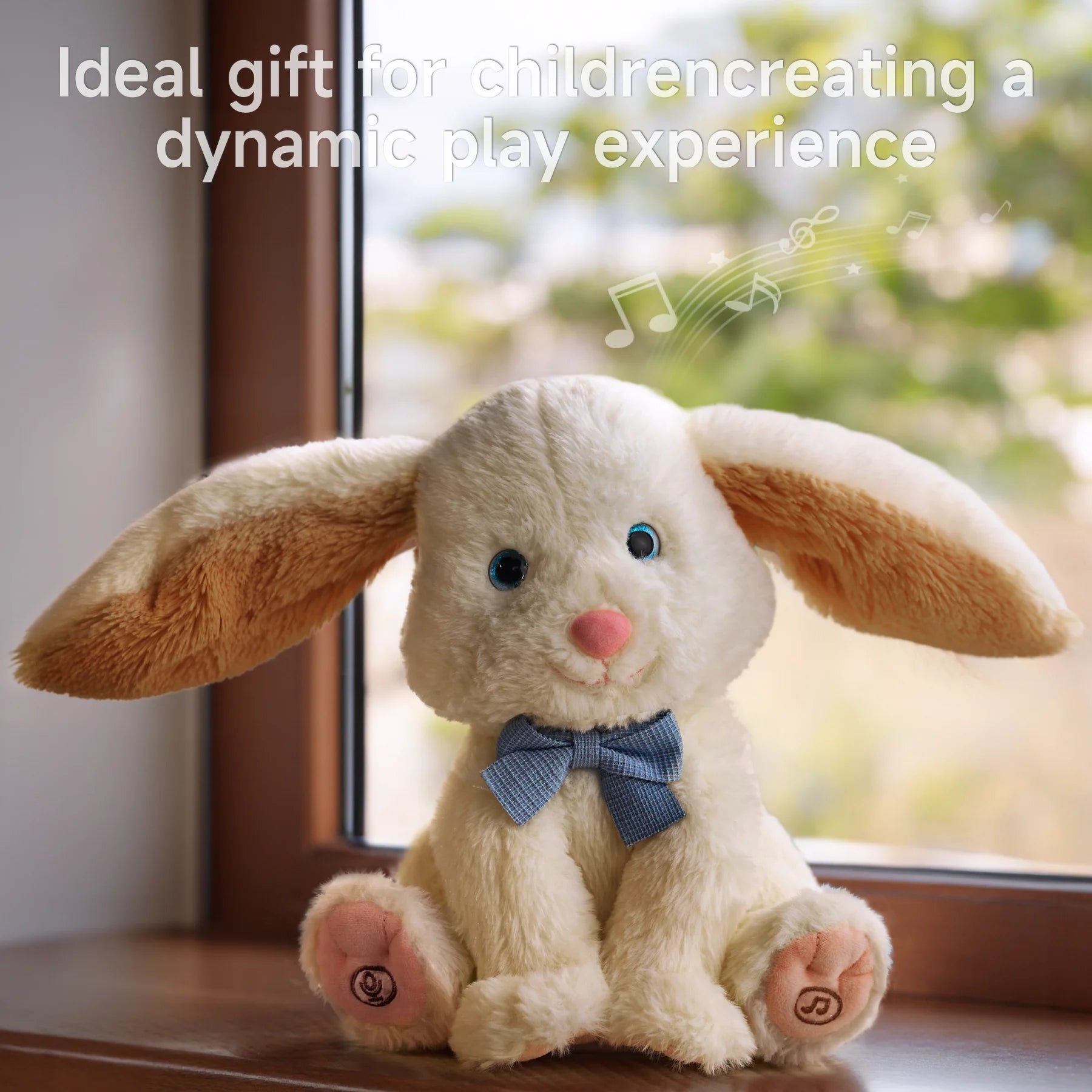 Plush bunny interactive toy with long floppy ears and a blue bow tie sitting on a windowsill, accompanied by overlay text describing it as an ideal gift that creates a dynamic play experience, with musical notes floating in the background.