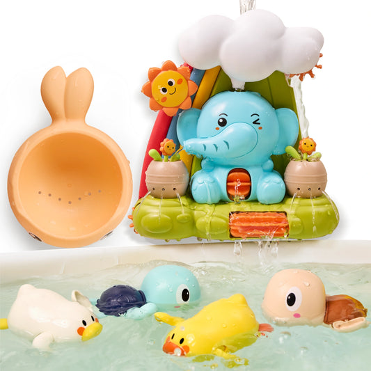 Interactive toddler waterfall bath toy set featuring a smiling blue elephant under a cloud with rainbow, spinning gear, water-spraying pots, and four floating animal toys including a duck, turtle, and fish, plus a bunny-ear scoop.