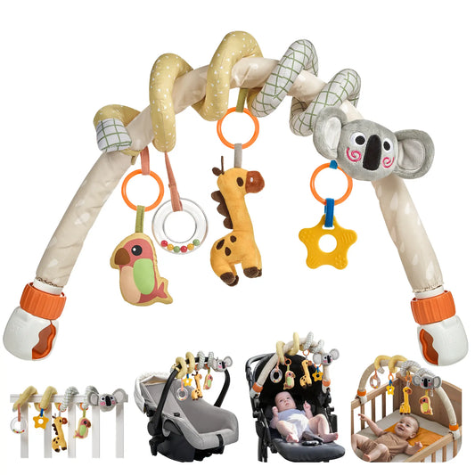 Plush spiral stroller arch toy with hanging rattles and teethers. Features a colorful parrot with clear bead ring, plush giraffe, yellow star teether, and a soft koala head on the arch. Designed for stroller, crib, or car seat entertainment.
