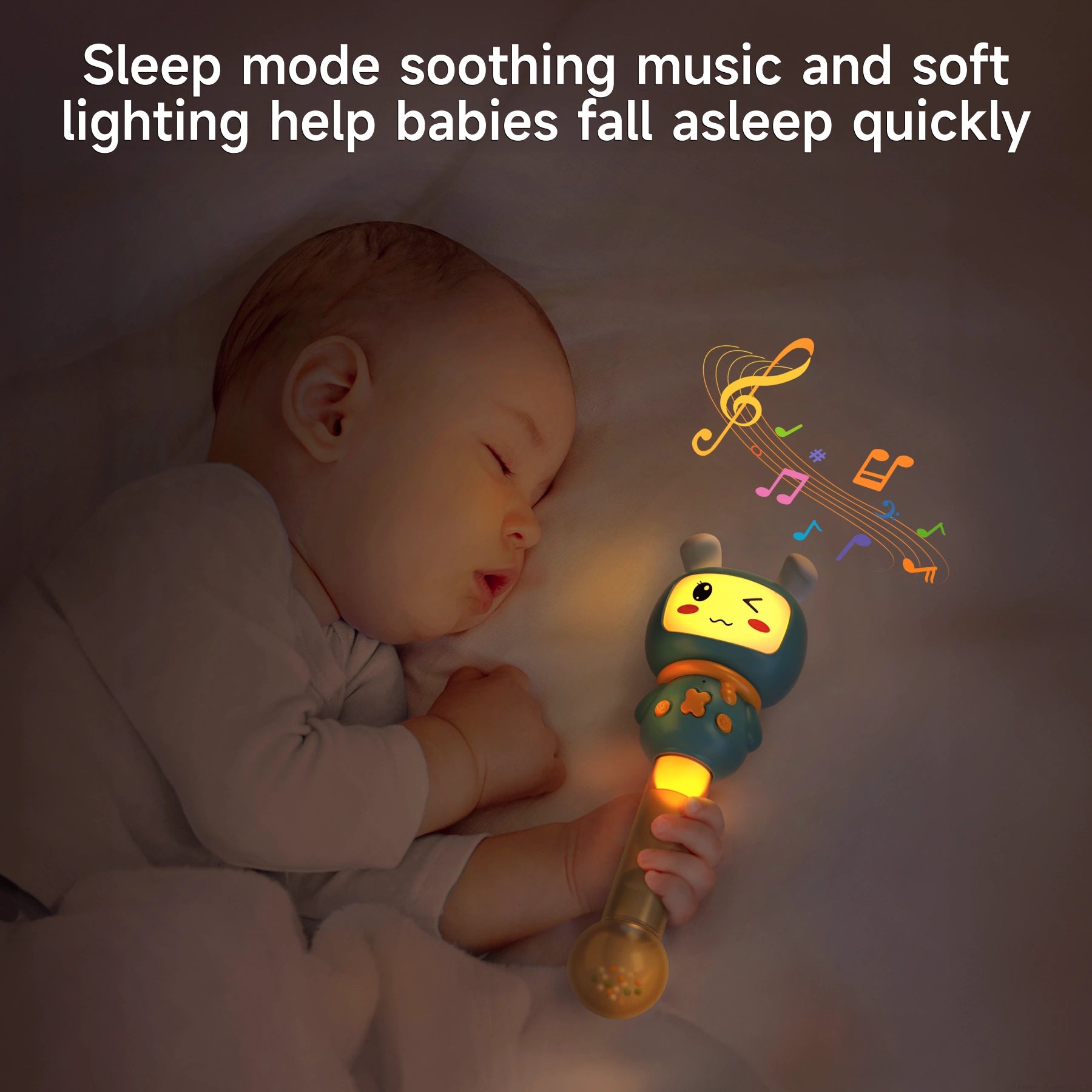 Sleeping baby holding a blue bunny-shaped musical rattle with teether ears and a glowing handle. The toy emits soft light and colorful musical notes, creating a soothing bedtime atmosphere.