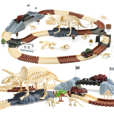 Dinosaur fossil-themed racetrack playset featuring interlocking brown and beige tracks, large skeletal dinosaur structures, mini dinosaur skeleton figures, toy vehicles, traffic signs, and accessories like rocks, palm trees, and flags, arranged in an adventure-style layout.