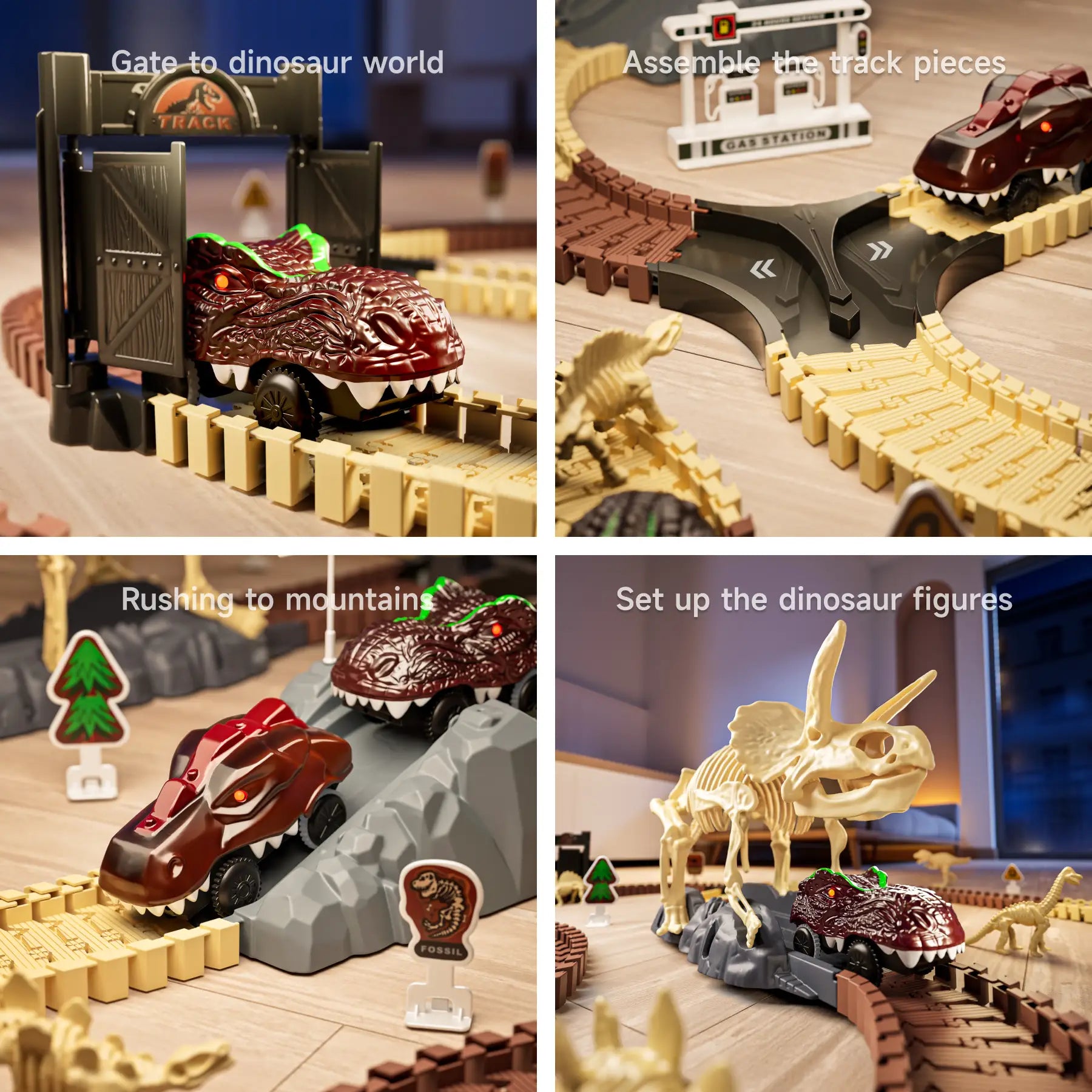 Four-panel collage showing interactive scenes of a dinosaur fossil race track set: a dino-shaped car entering the ‘Dinosaur World’ gate, assembling flexible track pieces, vehicles climbing rocky terrain, and a large Triceratops fossil figure next to a dino car.