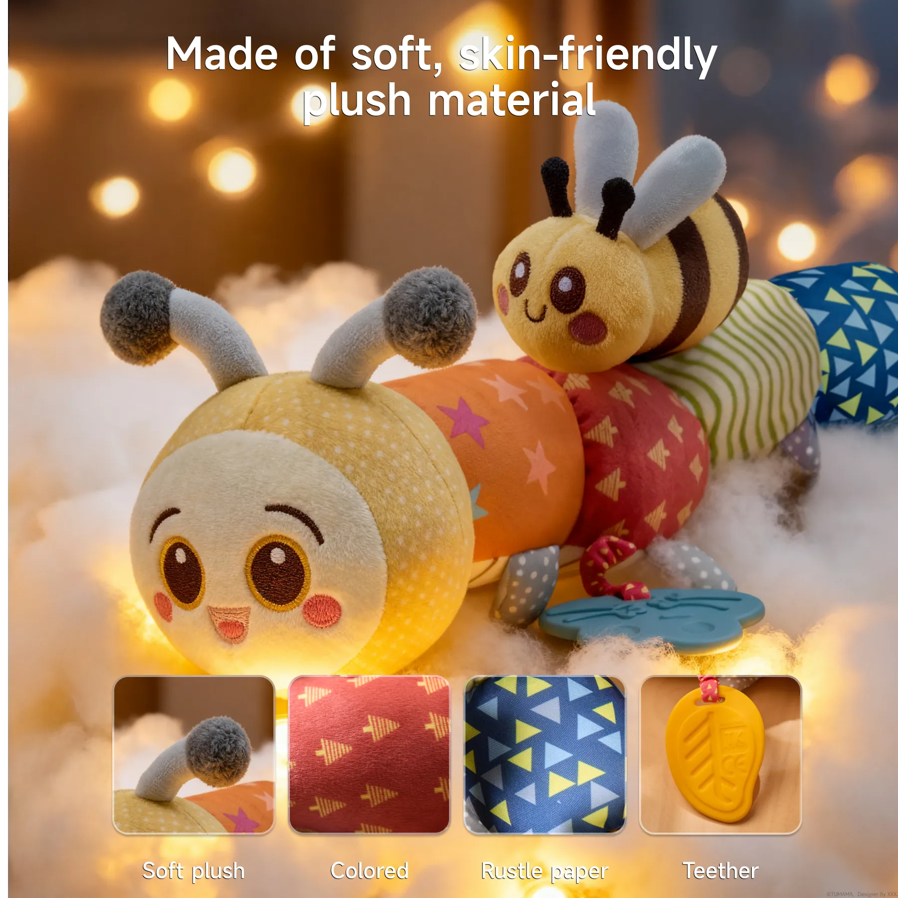 Soft plush caterpillar toy featuring colorful segments, a smiling face, and a bee companion; surrounded by warm lighting, highlighting its textures including rustle paper, teether, and soft fabric for tactile exploration.