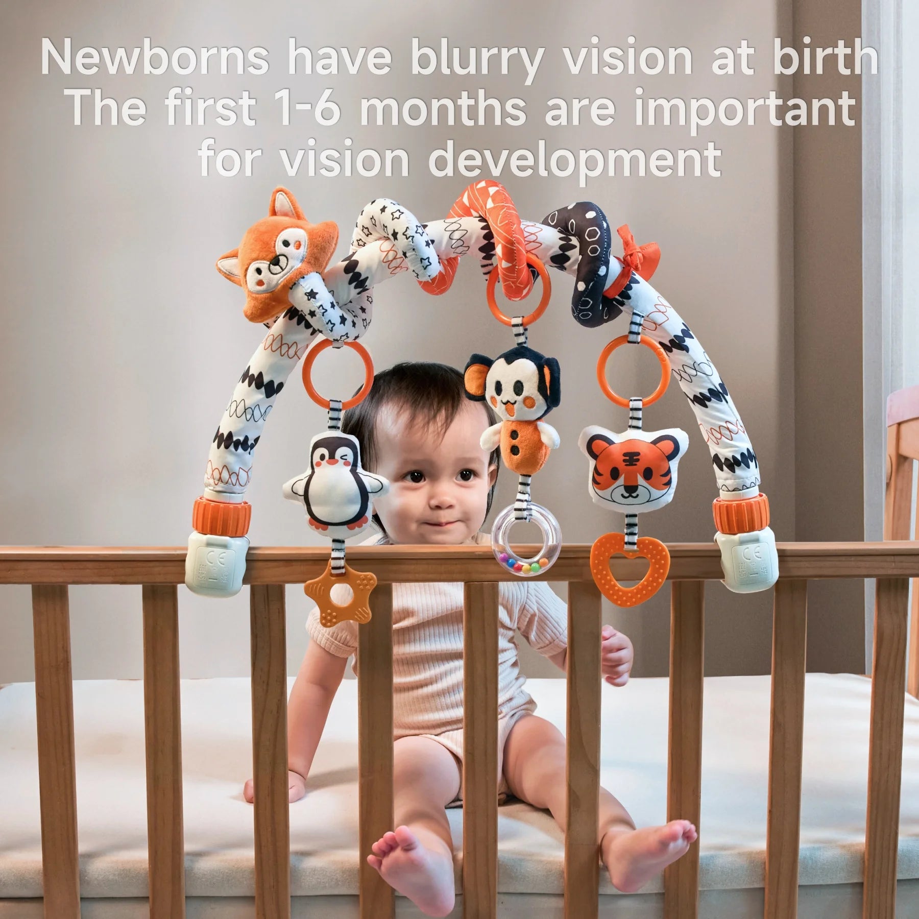 High-contrast black and white colors baby arch with spiral toy set
