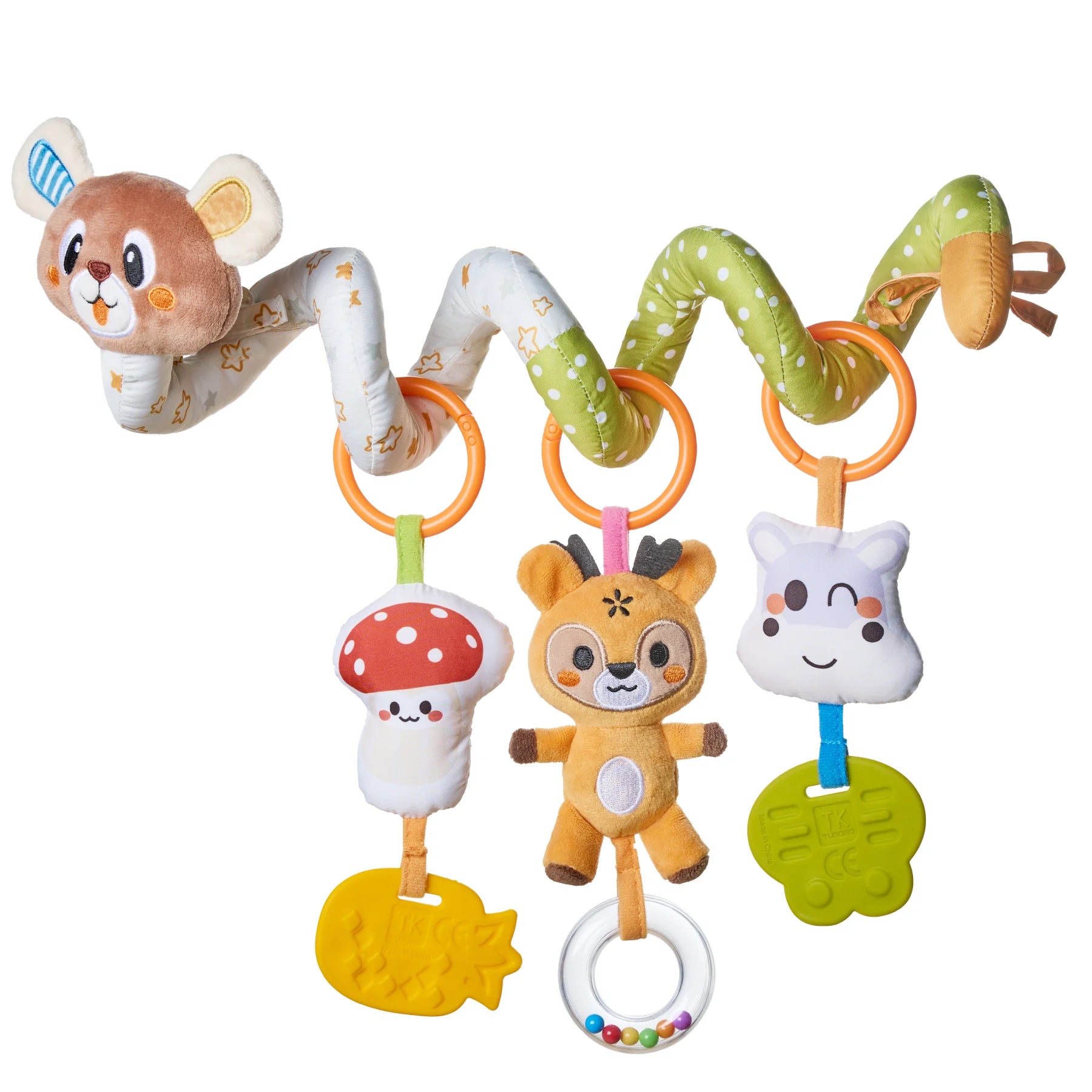 Baby arch and spiral car seat toy set with cute animals, sounds, and teethers for play and comfort