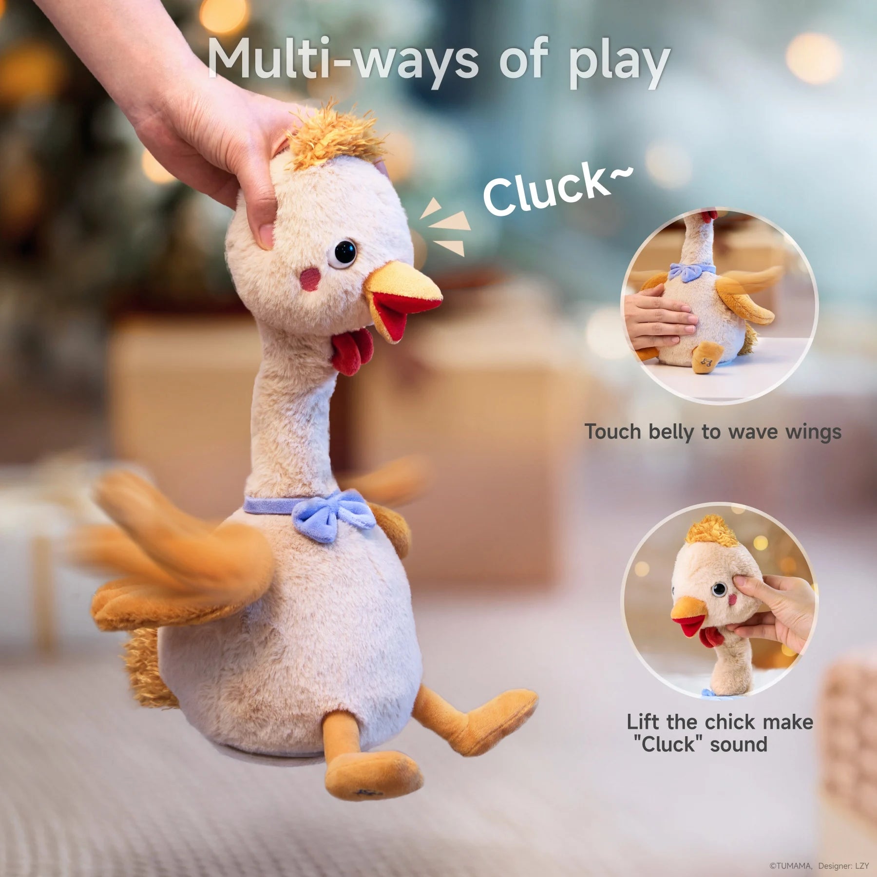 Interactive Plush chicken toy being lifted by hand while flapping its wings, with text 'Multi-ways of play' and labels showing features: 'Touch belly to wave wings' and 'Lift the chick make "Cluck" sound'. Background includes soft lighting and gift boxes.