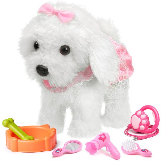 Walking and barking white plush dog toy for girls with pink bow and lace dress, comes with grooming accessories including a bowl, bone, mirror, hair dryer, stethoscope, and brush.