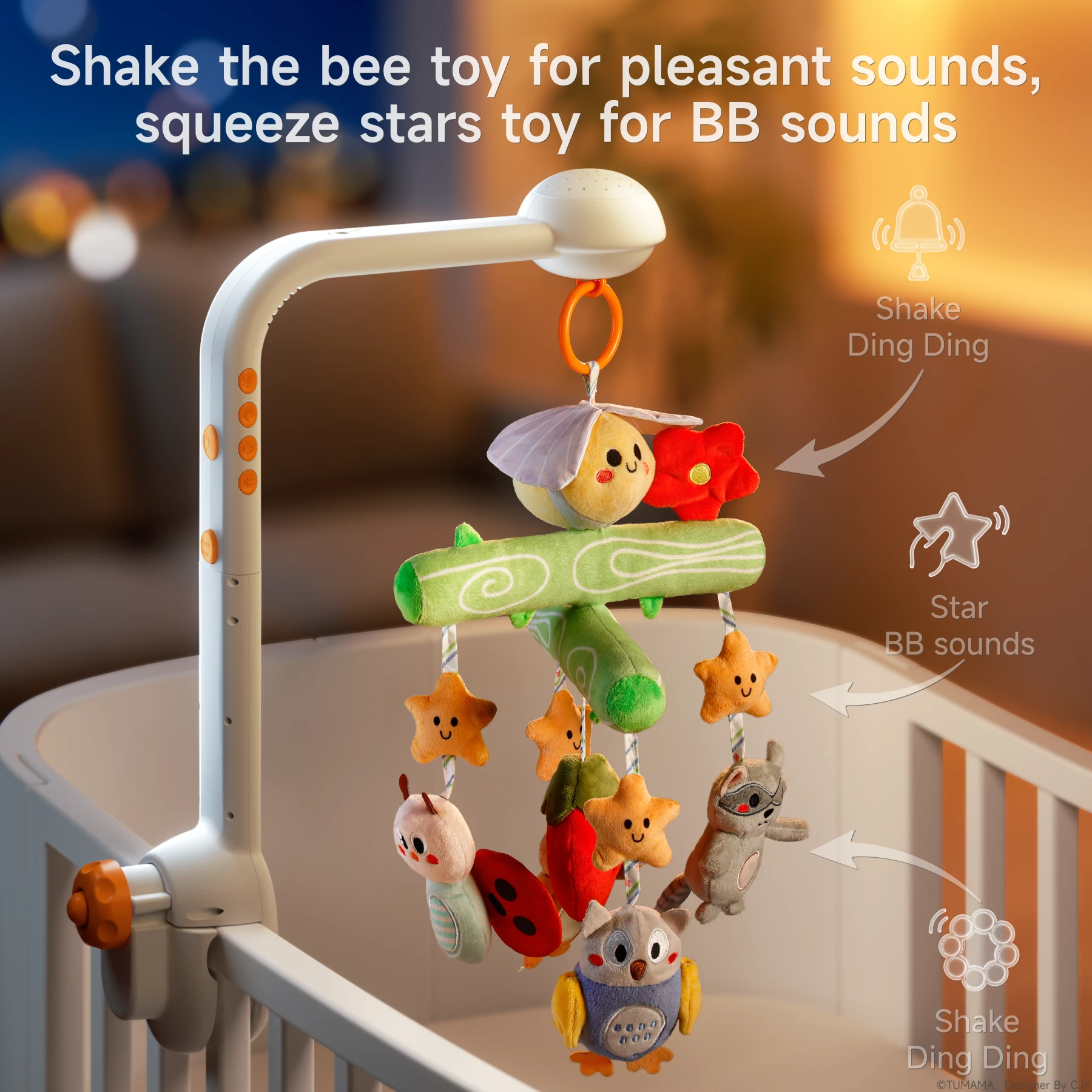 An interactive crib mobile featuring plush toys like a ladybug, owl, raccoon, sloth, and stars. Shake the bee for jingling sounds, and squeeze the star for BB sounds. The mobile is attached to a crib, playing music and rotating gently.