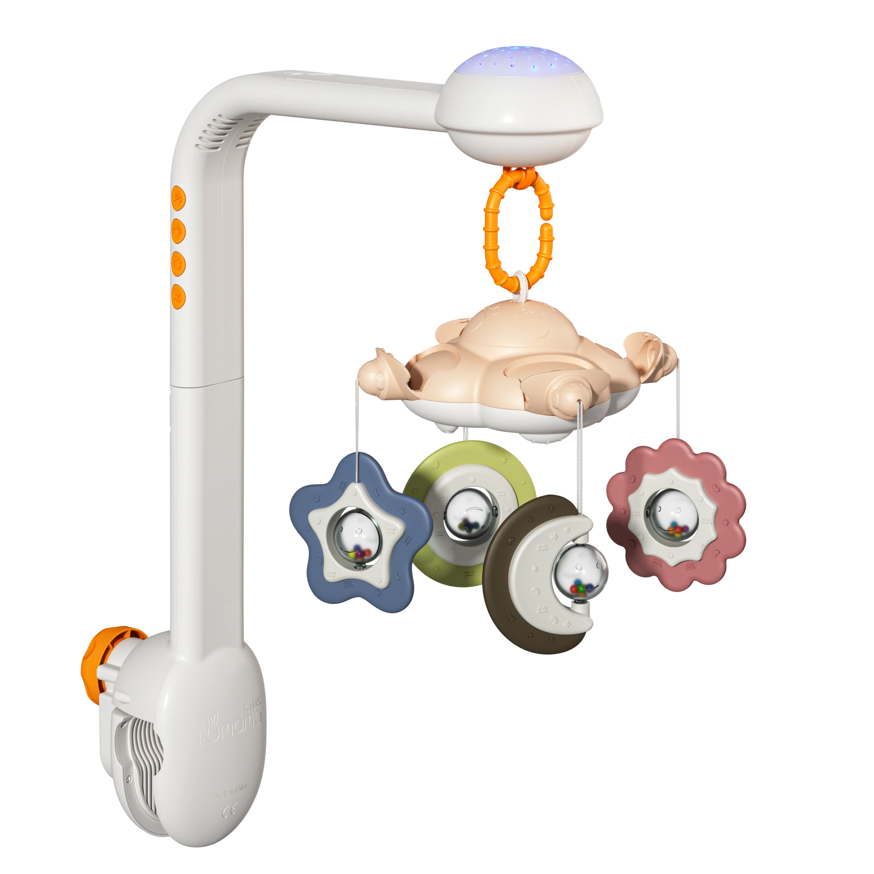 A Bluetooth-enabled smart crib mobile featuring celestial designs like stars and moons, with a smartphone showing connected settings. The mobile is equipped with buttons, a sturdy attachment clamp, and a calming night light.