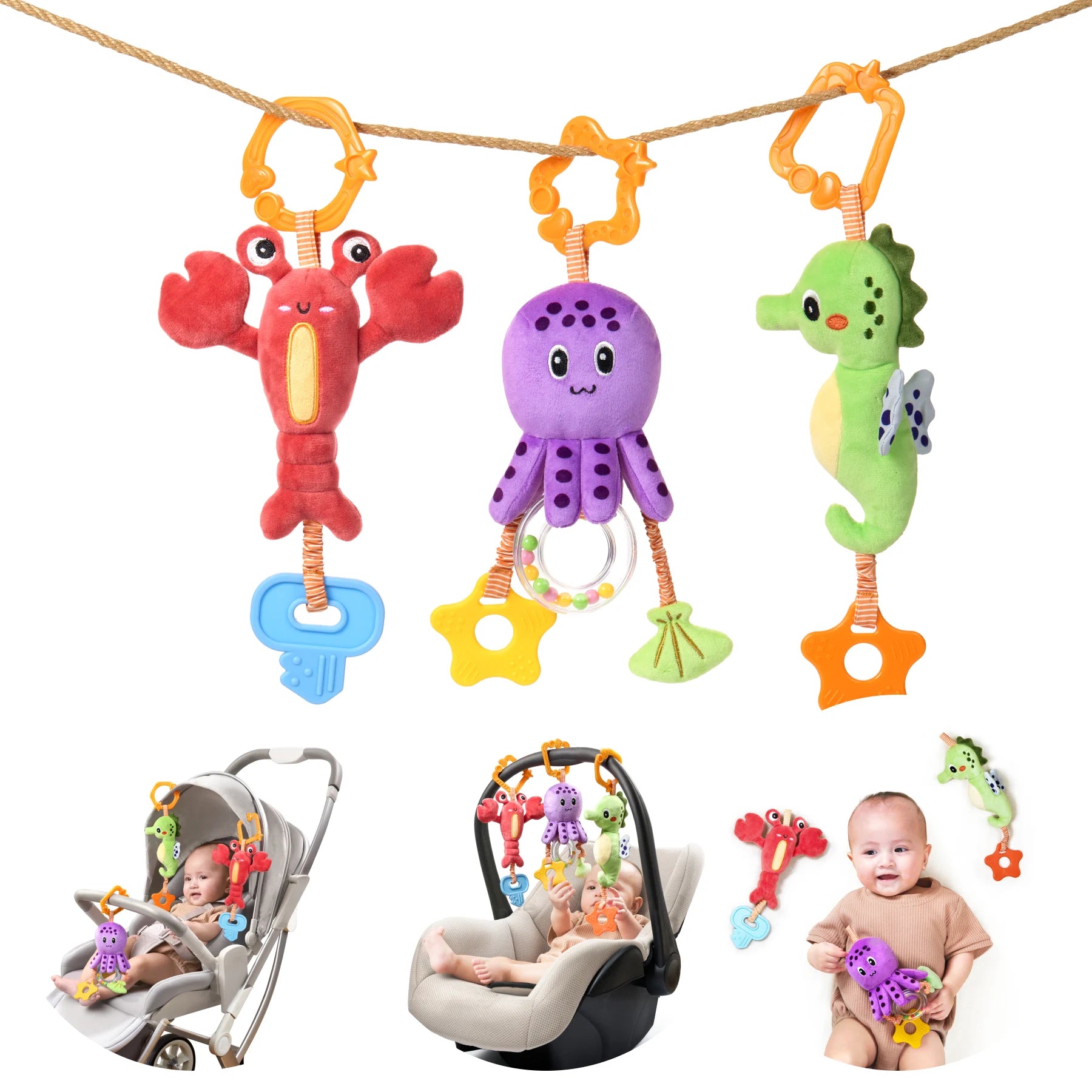 Baby toy, hanging plush toy for crib stroller car seat, baby soft rattle teether seahorse octopus lobster toy set for newborn infant 0 Month+