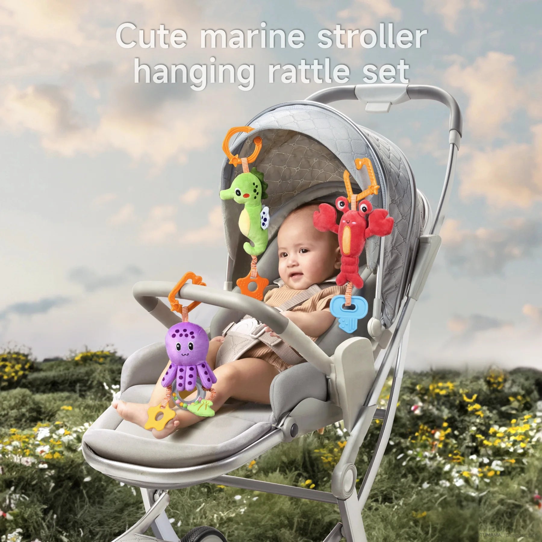 Baby toy, hanging plush toy for crib stroller car seat, baby soft rattle teether seahorse octopus lobster toy set for newborn infant 0 Month+