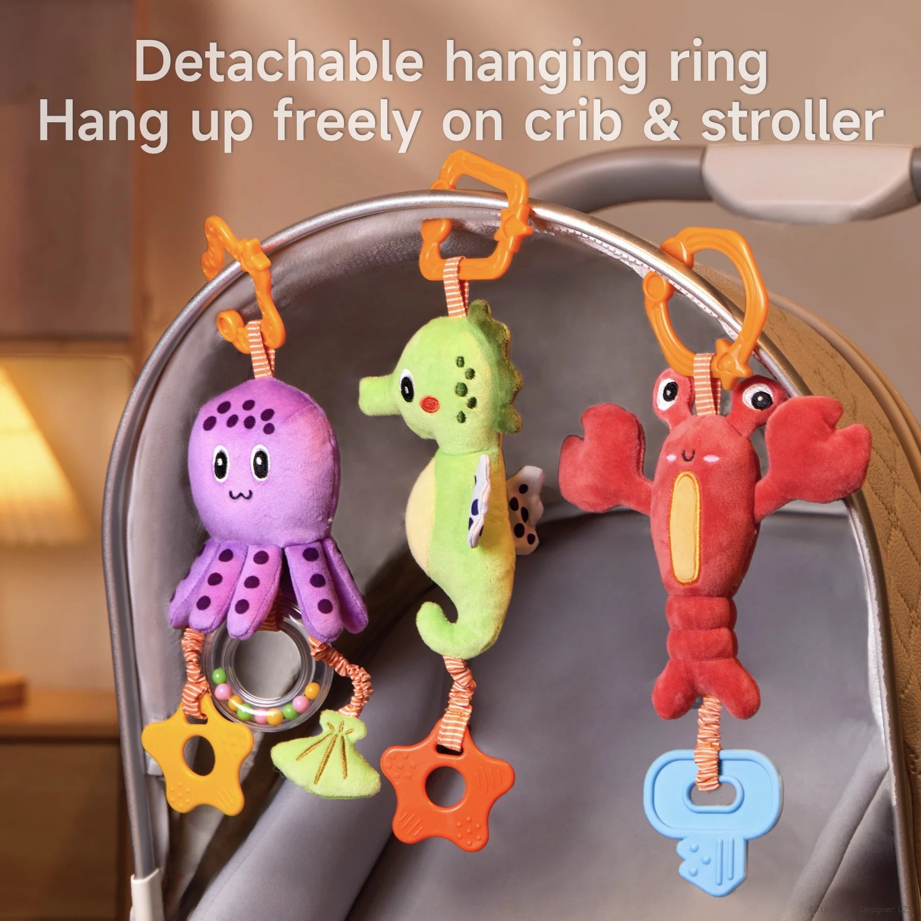 Baby toy, hanging plush toy for crib stroller car seat, baby soft rattle teether seahorse octopus lobster toy set for newborn infant 0 Month+