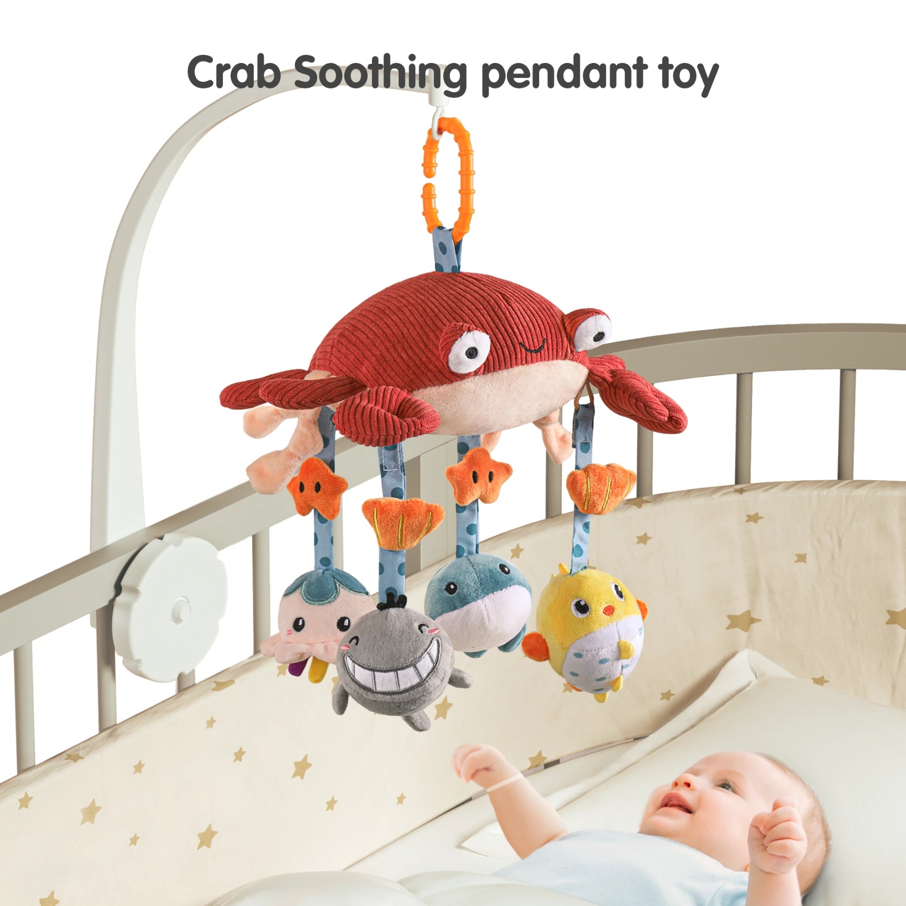 Baby toy crab hanging plush toy, crib car seat stroller cot travel toy with mirror mobile soft rattle toy for baby infant 0 Month+