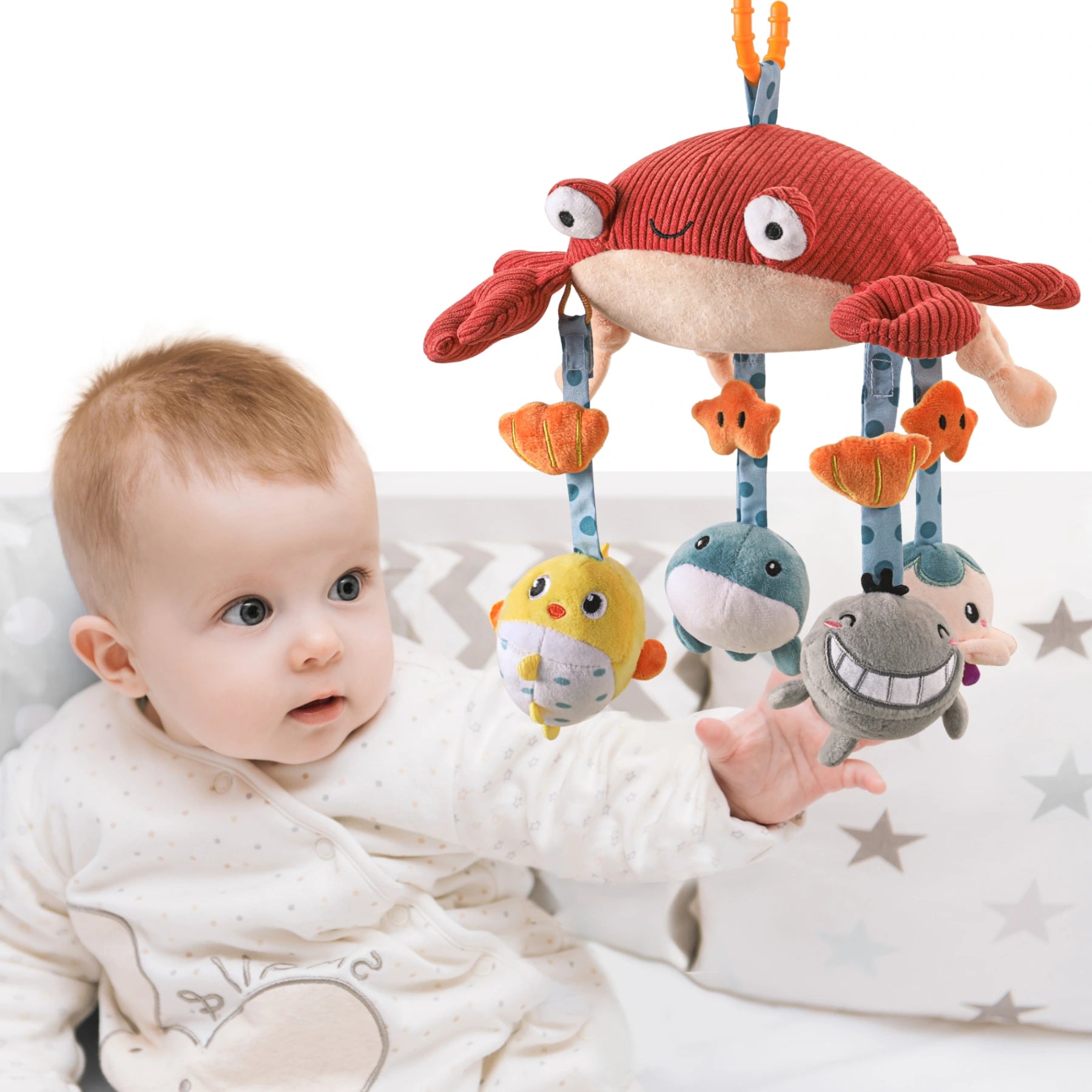 Baby toy crab hanging plush toy, crib car seat stroller cot travel toy with mirror mobile soft rattle toy for baby infant 0 Month+