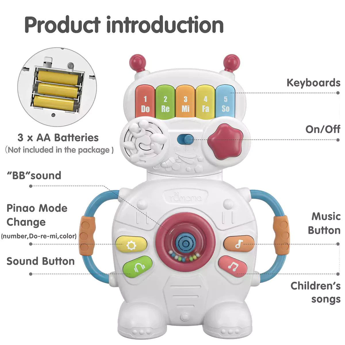 Toddlers' robot toy with numbers, colors, and songs